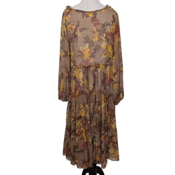 Laura Ashley Floral Sheer Midi Dress Womens Size Large Brown Ruffle Tiered - Picture 7 of 8